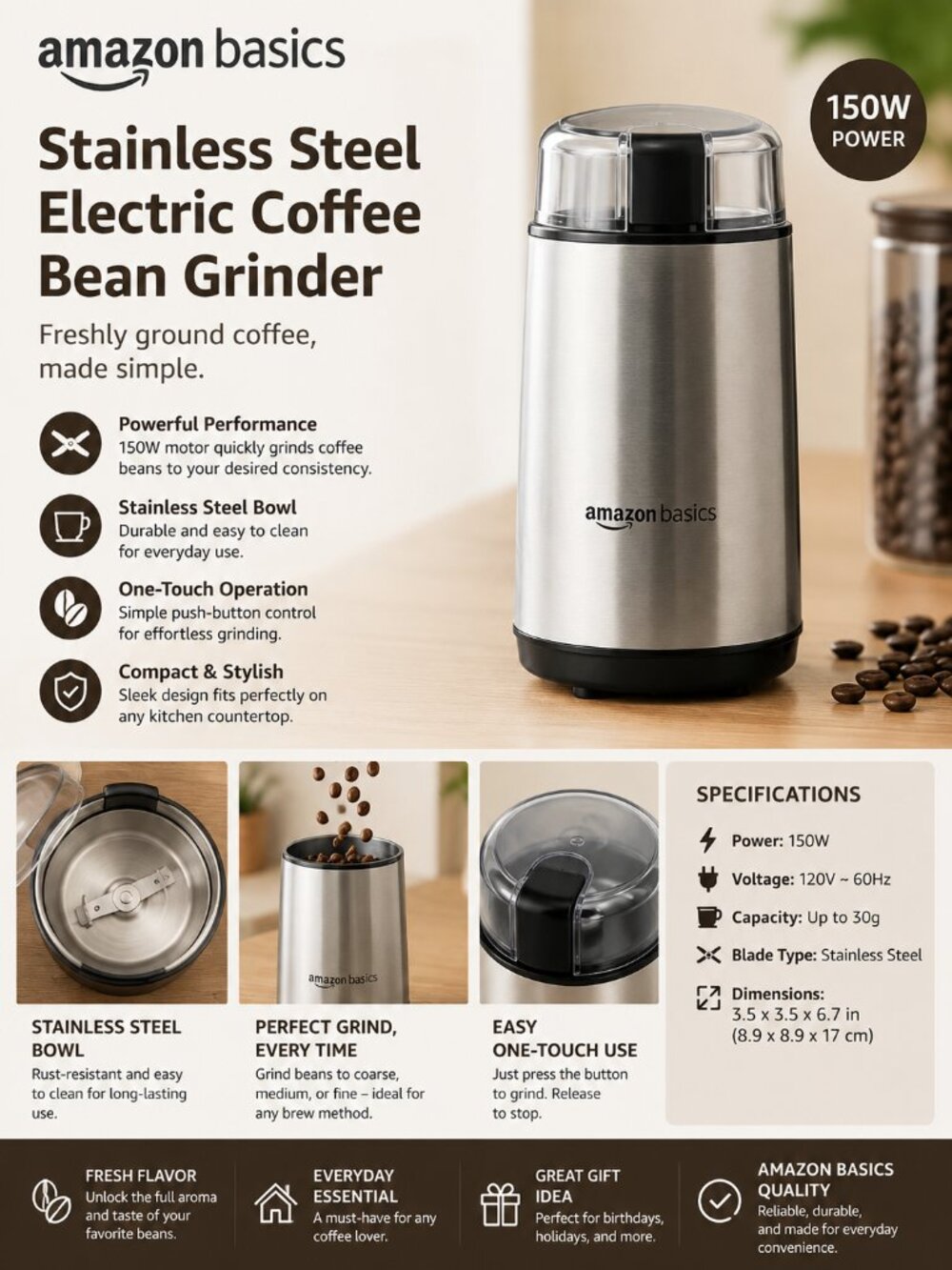 Amazon Basics Stainless Steel Electric Coffee Bean Grinder 150W NIB